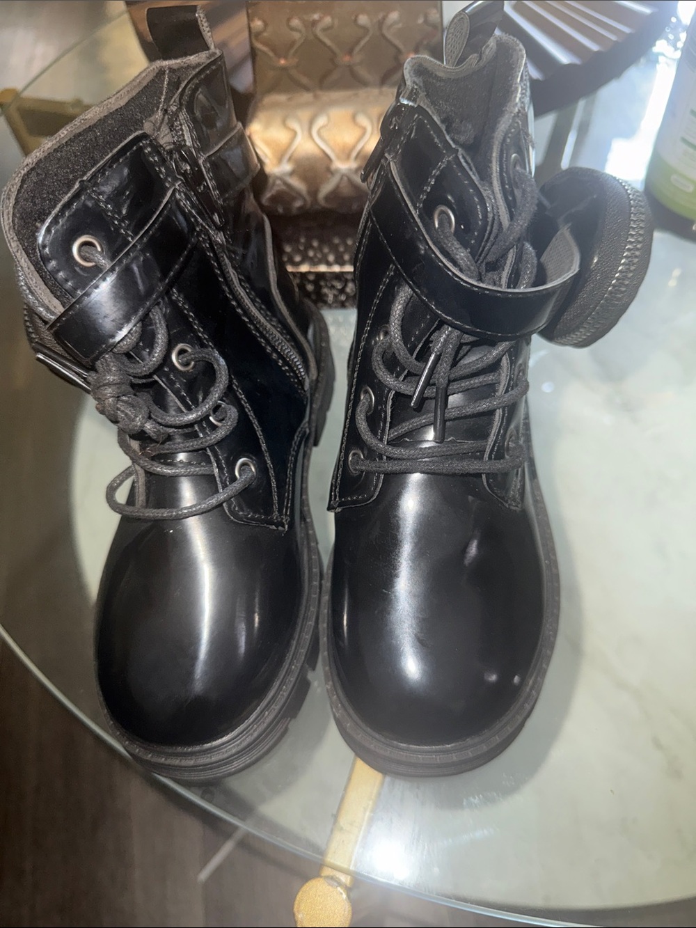 Shoe Dazzle Black Patent Lace-Up Platform Boots